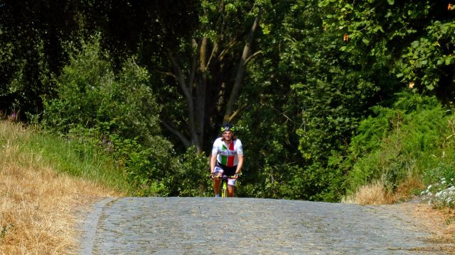 Paul emerges from the trees at the top of the Koppenberg