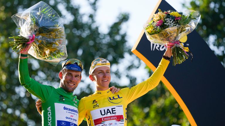 Mark Cavendish and Tadej Pogacar on the podium in Paris