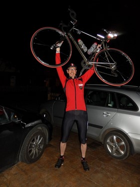 Triumphant at the finish of my epic ride